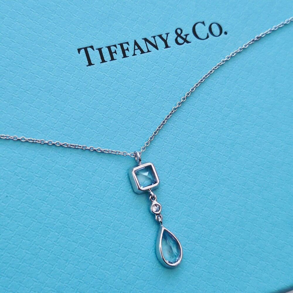 $4000 Tiffany & Co. 18k WG 1.59ctw Aquamarine & Diamond Lariat Pendant Necklace - Picture 4 of 8